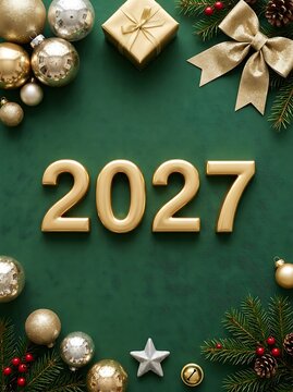 Happy New Year 2027 gold shiny decorations and gifts