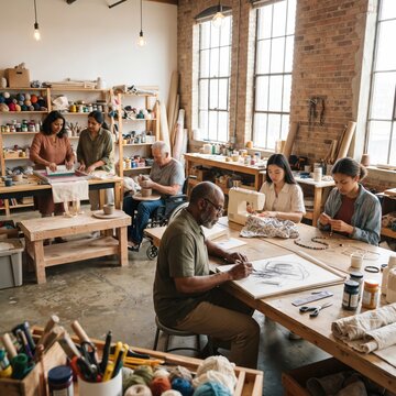 A diverse group of people work on different craft projects together in a spacious studio, including sewing, pottery, sketching, and beadwork at shared wooden tables.