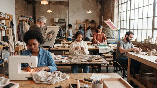 A diverse group of people work on different craft projects together in a spacious studio, including sewing, pottery, sketching, and beadwork at shared wooden tables.