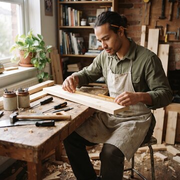 A man carefully measures a wooden plank with a ruler and pencil at a workbench, surrounded by tools and clamps while building a furniture piece.