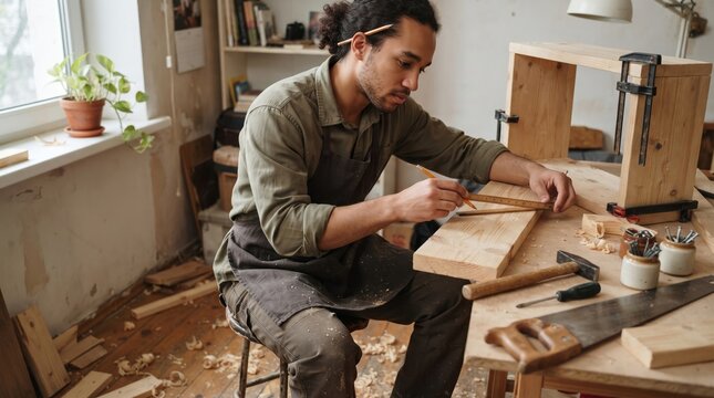 A man carefully measures a wooden plank with a ruler and pencil at a workbench, surrounded by tools and clamps while building a furniture piece.