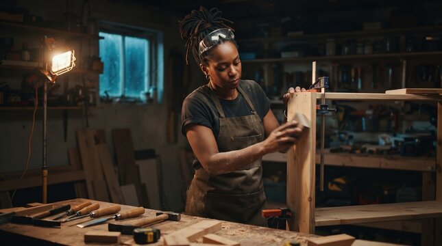 A woman sands a wooden shelf frame clamped to a workbench in a rustic workshop filled with tools, focused on a carpentry project at night.