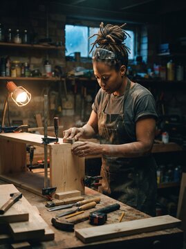 A woman sands a wooden shelf frame clamped to a workbench in a rustic workshop filled with tools, focused on a carpentry project at night.