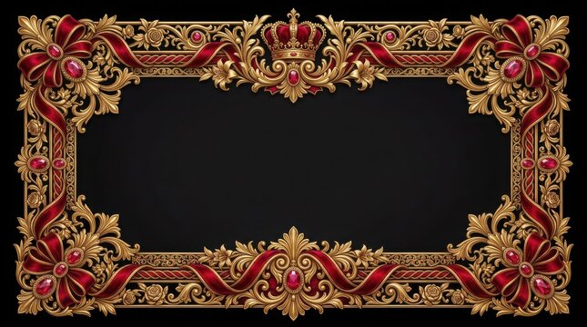 Ornate Frame with Gold Filigree and Red Ribbons, Royal Crown Detail, Decorative Border Design, Elegant Baroque Style