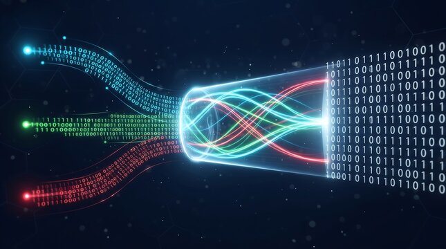 Glowing light trails carrying digital information into binary code wall representing advanced network connectivity and data processing in 3d render technology concept