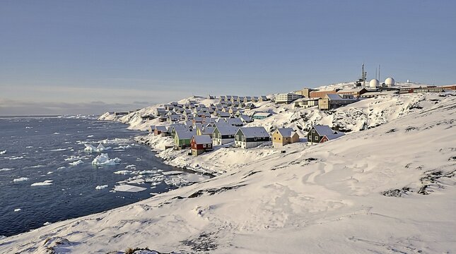 Bright Houses And Drift Ice On A Snowy Greenland Shore.