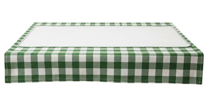 Green gingham tablecloth with white inset panel for food display during outdoor events isolated on transparent background