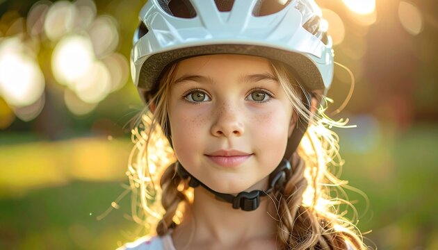 portrait of a girl with ephelides wearing a bicycle helmet, serving as a visual reference for phenotypic genetics, pediatric ergonomics, and childhood safety awareness