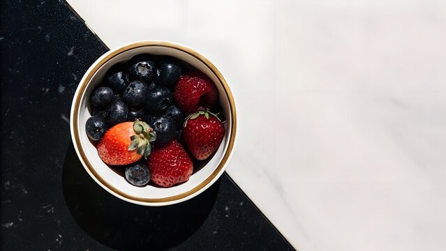 A bowl of fresh colorful berries including strawberries blueberries and raspberries top view