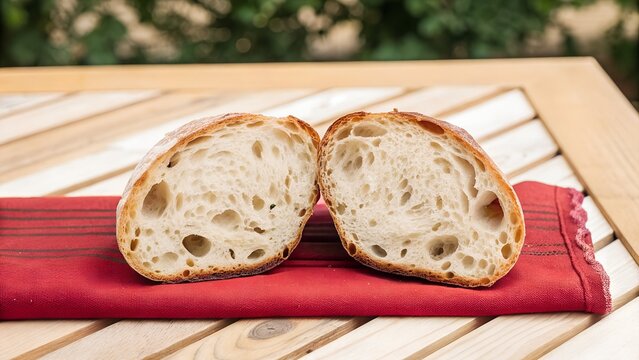 An artisan sourdough bread loaf sliced in half showing rich texture and crumbs