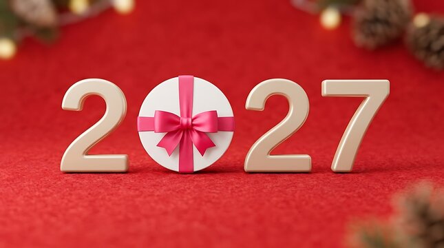 New Year 2027 Celebration with Gift Box on Red Background