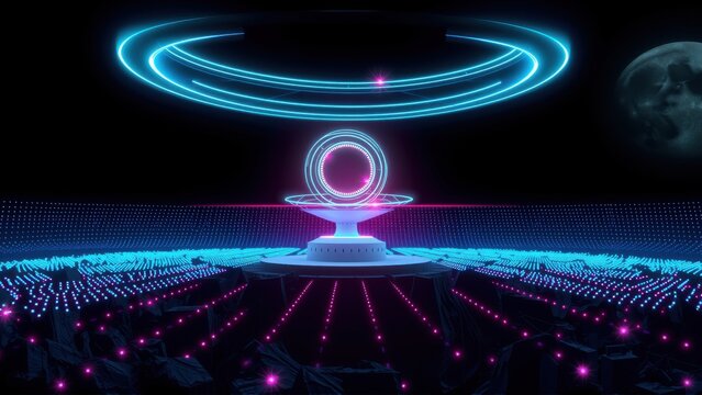 Futuristic stage design. Glowing rings hover above platform. Digital landscape extends into darkness. Moon visible distant sky.