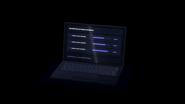 High quality 3d animation of a laptop displaying data sharding and raft consensus algorithm visualization on a transparent background