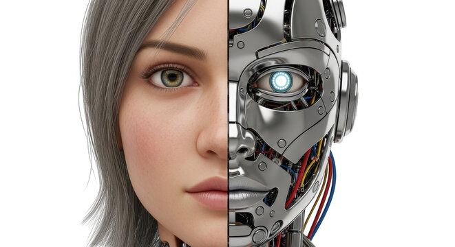 Human and robot face split portrait with glowing eye during futuristic concept development isolated on transparent background