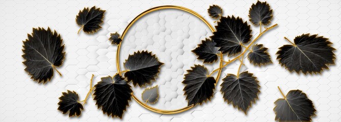 3D Modern Wall Mural with Black Leaves, Gold Ring Frame and White Hexagon Background © Dilafroz