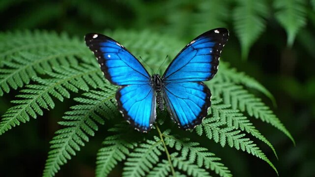 Stunning Blue Morpho Butterfly Landing and Opening Its Wings on a Lush Green Fern in a Tropical Rainforest