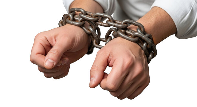 Human hands bound with heavy metal chains during isolation symbolizing captivity and restriction isolated on transparent background