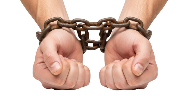 Human hands bound with rusty metal chains against a clean backdrop symbolizing constraint and captivity Isolated on transparent background