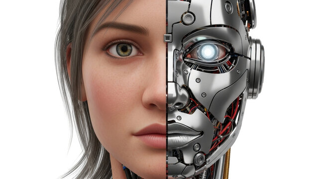 Humanoid face split with robotic half showing artificial intelligence concept on transparent background