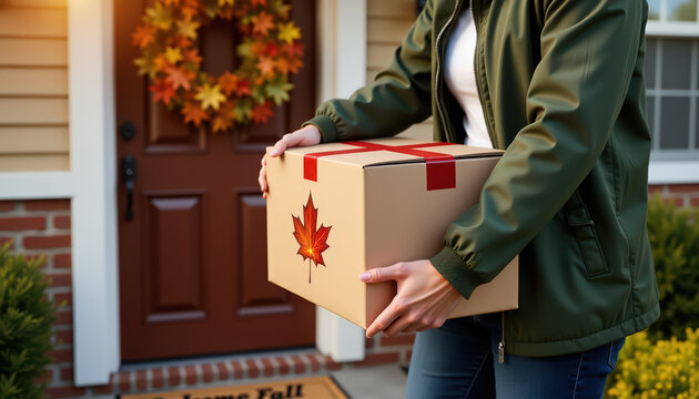 Delivery package with maple leaf sticker at front door in autumn for seasonal delivery and home doorstep background with wreath decor