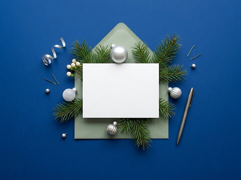 Card with white card and silver ornaments on blue background