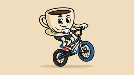 Fototapeta premium Cartoon coffee cup character performing stunts on a BMX bike.