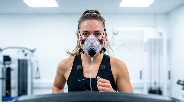 Athlete Wearing VO2 Max Oxygen Mask During Treadmill Fitness Test