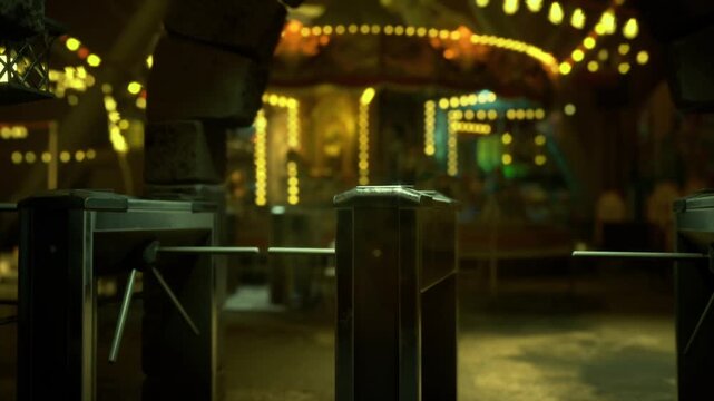 Rainy neon turnstile closeup, metal surfaces with water droplets reflecting colored lights, shallow depth with bokeh highlights, empty access lane suggesting