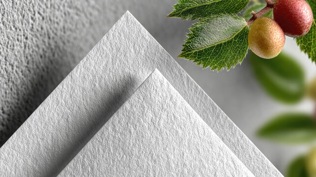 Macro corner view of layered a4 textured paper with foliage accent for premium paper mockup, print test, packaging prototype and brand collateral preview