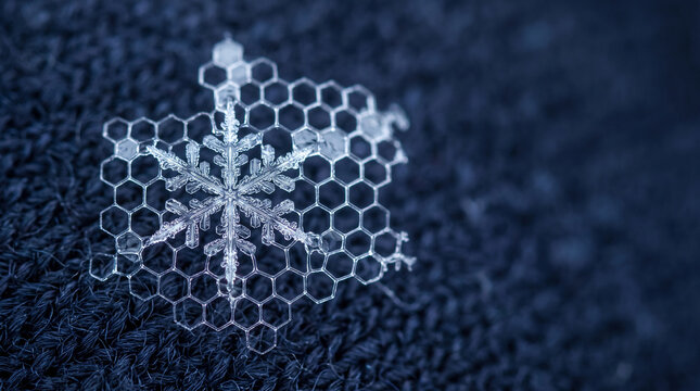 Snow crystal melting into hexagonal ice cells winter structure technology concept