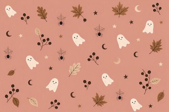 seamless pattern with leaves and ghosts, 