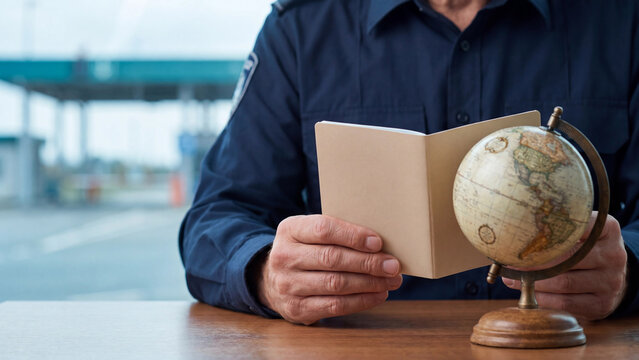 Border control and passport inspection concept, customs officer checking open passport at border checkpoint with vintage globe on table for immigration control and international travel