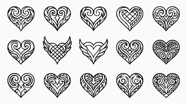 Set of black and white tribal heart icons with intricate ornamental scrollwork