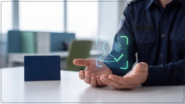 Biometric identity verification and border control concept, officer presenting face scan and fingerprint checkmark with passport for immigration check, travel identification and ID security