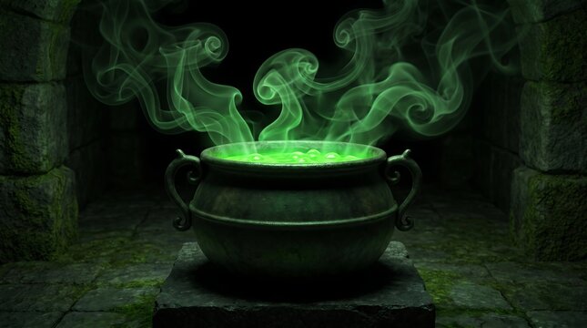 Bubbling Witch's Cauldron with Toxic Green Smoke Halloween Background