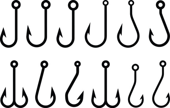 Fishing Hook vector icons featuring different shapes for fish, angling equipment, outdoor recreation, and sport fishing designs