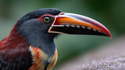 Obraz premium Fiery billed toucan side view, vibrant plumage, large orange beak, tropical bird, detailed closeup