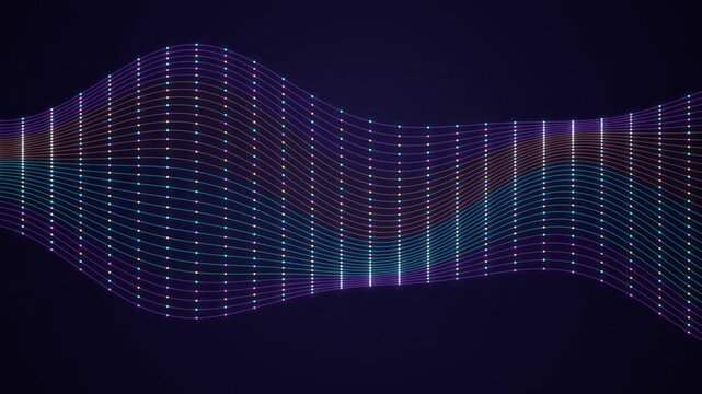 Futuristic glowing digital wave pattern animation with connected dots on a dark abstract data flow ba