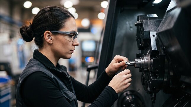Female industrial worker operating a CNC machine in a modern factory.