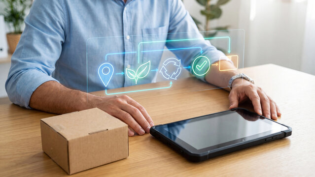 Sustainable packaging and green logistics concept, man with cardboard box and tablet, location pin, leaf, recycling arrows and checkmark for circular economy, reverse logistics and eco shipping