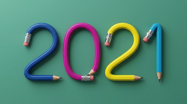 Colorful Pencils Form 2021 on Green Background Happy New Year