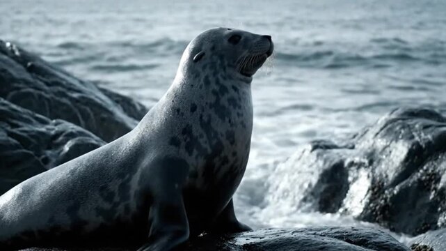 Majestic Harbor Seal Resting on Coastal Rocks with Powerful Ocean Waves Crashing in the Background