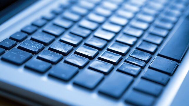 Close up of a laptop keyboard with blue lighting for technology and digital communication concepts