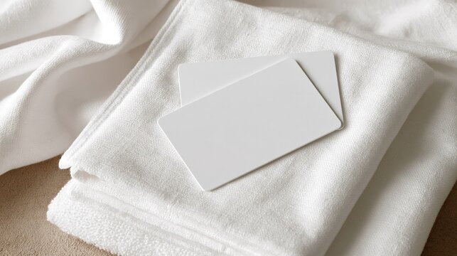 Blank white cards resting on folded white fabric with soft natural light and copy space