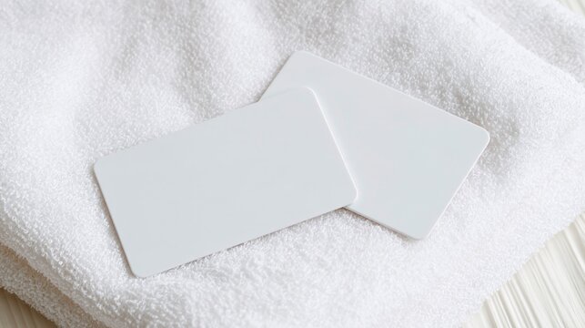Two blank white business cards resting on a soft folded white towel with copy space for branding