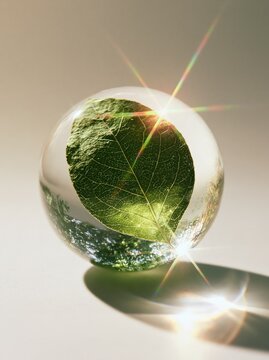 Green leaf inside a glass sphere with lens flare effect on a neutral background with copy space
