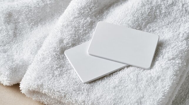 Two blank white business cards resting on a soft textured white towel with copy space