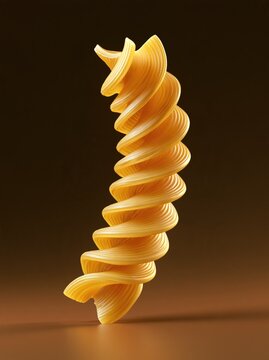 Single fusilli pasta noodle standing upright against a dark brown background with copy space