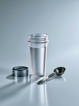 Empty protein shaker cup with metal scoop and lid on a clean studio background with copy space