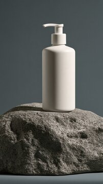White cosmetic pump bottle on a natural stone pedestal with copy space for skincare branding